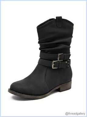 Mid-Calf Boots Round Toe Low Heel Zip Booties Faux Leather